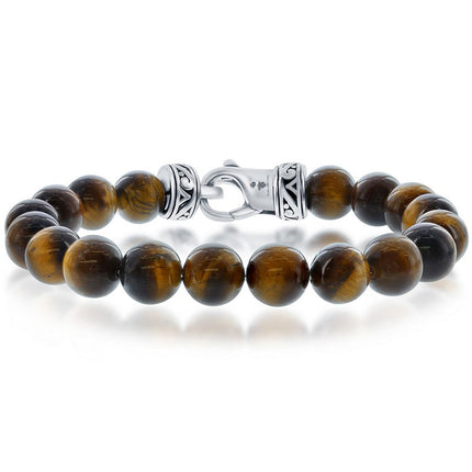 Men's Bracelet - Stainless Steel 10mm Brown Tiger Eye Stone Beaded | ST-1606 ,