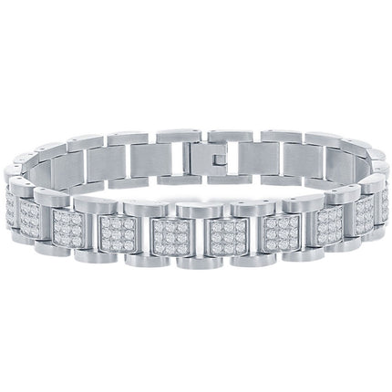 Men's Bracelet - Silver Stainless Steel White CZ Square Link | ST-1613 ,