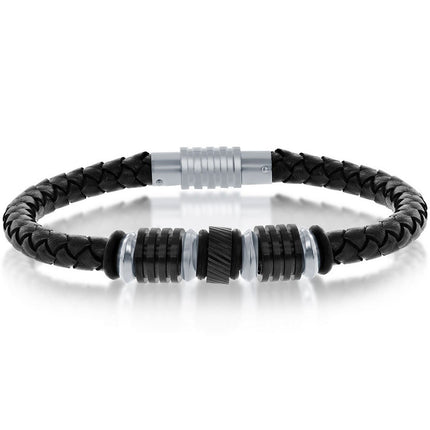 Men's Bracelet - Two Tone Stainless Steel Genuine Black Leather | ST-1623 ,