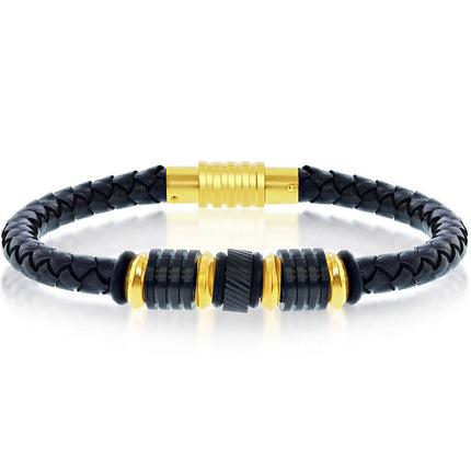 Men's Bracelet - Black and Gold Steel with Black Genuine Leather | ST-1624 ,