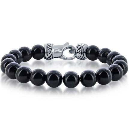 Men's Bracelet - Stainless Steel Genuine Black Onyx 10mm Bead | ST-1627 ,