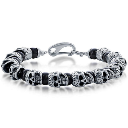 Men's Bracelet - Stainless Steel Genuine Black Onyx Beads Skull | ST-1629 ,