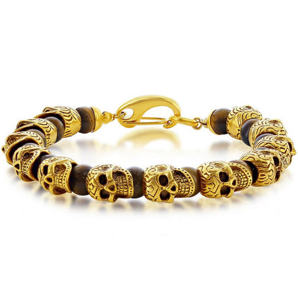 Men's Bracelet - Gold Tone Stainless Steel Tiger Eye Beads Skull | ST-1630 ,