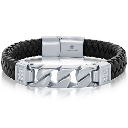Men's Bracelet - Stainless Steel and Black Leather Curb Link | ST-1631 ,