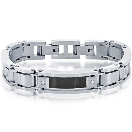 Men's Bracelet - Stainless Steel and Black Carbon Fiber Link CZ | ST-1633 ,