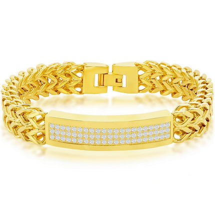 Men's Bracelet - Gold Tone Steel Triple Row CZ ID Double Franco | ST-1634 ,