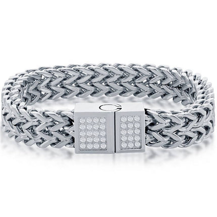 Men's Bracelet - Silver Stainless Steel CZ Double Franco Link | ST-1635 ,