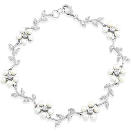 Classic Women's Bracelet - White FWP Flowers and Clear CZ Leaves On Branch | T-4418 ,