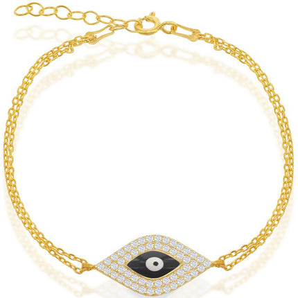 Classic Women's Bracelet - Gold Double-Strand Center CZ and Black Evil Eye| T-5786 ,