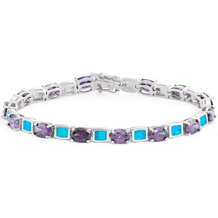 Women's Bracelet - Silver Alternating Blue Opal and Amethyst CZ | T-7272 ,