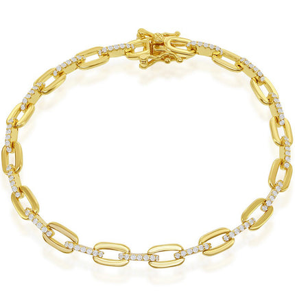 Classic Women's Bracelet - Sterling Silver Gold Tone White CZ Paperclip | T-7820-GP ,