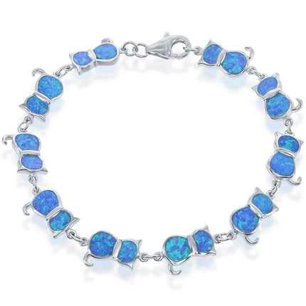Women's Bracelet - Sterling Silver Blue Inlay Opal Cat Print Linked | T-7856 ,