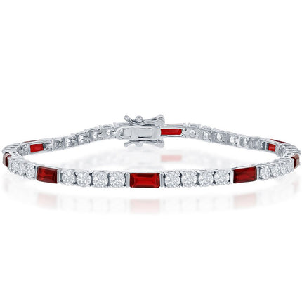 Classic Women's Bracelet - Sterling Silver White and Emerald-Cut Ruby CZ | T-7871 ,
