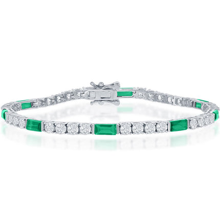 Classic Women's Bracelet - Sterling Silver White and Green Emerald CZ Tennis | T-7872 ,