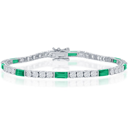 Classic Women's Bracelet - Sterling Silver White and Blue Sapphire CZ Tennis | T-7873 ,