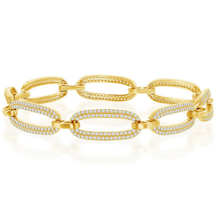 Classic Women's Bracelet - Gold Plated Micro Pave White CZ Linked Oval | T-7882-GP ,