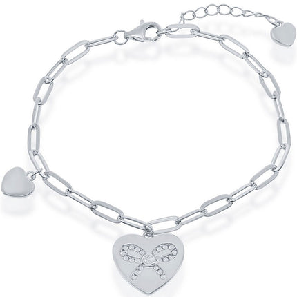 Classic Women's Bracelet - Sterling Silver Heart with CZ Ribbon Paperclip | T-7888 ,