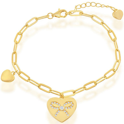Classic Women's Bracelet - Gold Plated Heart with CZ Ribbon Paperclip | T-7888-GP ,