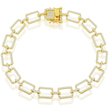 Classic Women's Bracelet - Sterling Silver Gold Plated CZ Paperclip | T-7892-GP ,