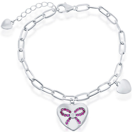 Classic Women's Bracelet - Silver Heart with Red Ruby CZ Ribbon Paperclip | T-7912 ,