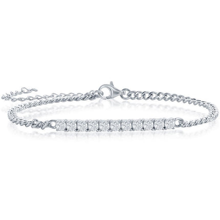 Classic Women's Bracelet - Sterling Silver White CZ ID Bar Curb Chain | T-7961 ,