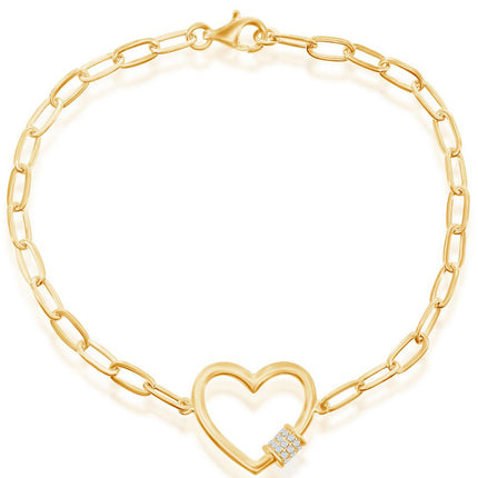 Classic Women's Bracelet - Gold Plated Heart with White CZ Rod Paperclip | T-7965-GP ,