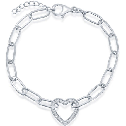 Classic Women's Bracelet - Sterling Silver White CZ Heart Shiny Paperclip | T-7966 ,