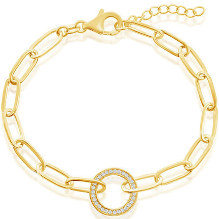 Classic Women's Bracelet - Sterling Silver Gold CZ Circle Paperclip | T-7967-GP ,