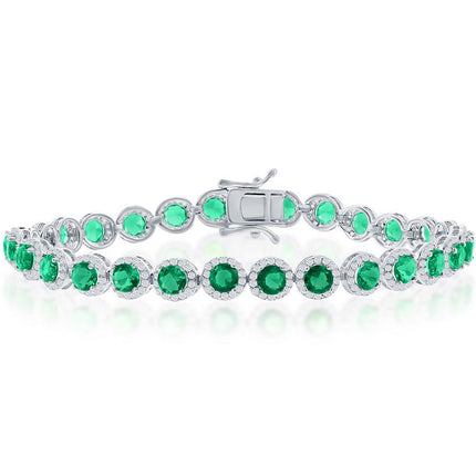 Classic Women's Bracelet - Silver Round Halo White and Emerald CZ Linked | T-7974 ,