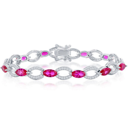 Classic Women's Bracelet - Sterling Silver Marquise and Oval Ruby CZ Link | T-7979 ,