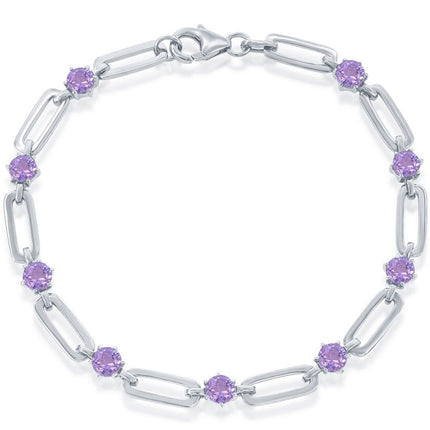 Classic Women's Bracelet - Sterling Silver 4.5mm Round Amethyst Paperclip | T-7994 ,