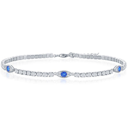 Classic Women's Bracelet - Sterling Silver White and Blue CZ Evil Eye Tennis | T-8002 ,