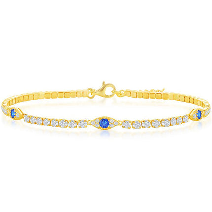 Classic Women's Bracelet - Gold Tone White and Blue CZ Evil Eye Tennis | T-8002-GP ,