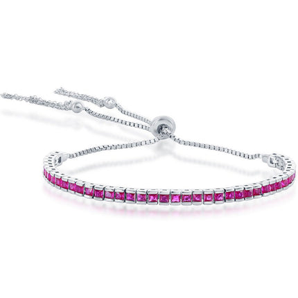 Classic Women's Bracelet - Silver Tennis Channel-Set Ruby CZ Bolo Tassel | T-8056 ,