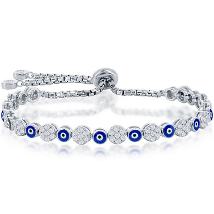 Classic Women's Bracelet - Alternating CZ and Navy Enamel Evil Eye Bolo | T-8063 ,