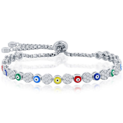 Classic Women's Bracelet - Alternating CZ and Multi-Color Enamel Evil Eye | T-8064 ,