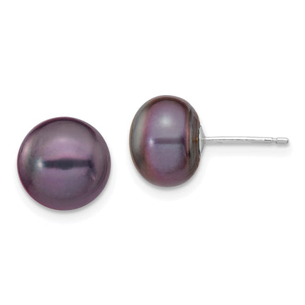 14k White Gold 9-10mm Black Button FW Cultured Pearl Stud Post Earrings ,