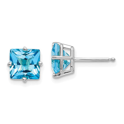 14k White Gold 7mm Princess Cut Blue Topaz Earrings ,