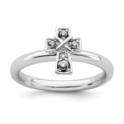 Sterling Silver Stackable Expressions Rhodium White Topaz Cross Ring | QSK1633 ,