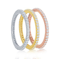 Sterling Silver Tri-Color Prong Clear CZ Eternity Triple Band Ring - W-2428 ,
