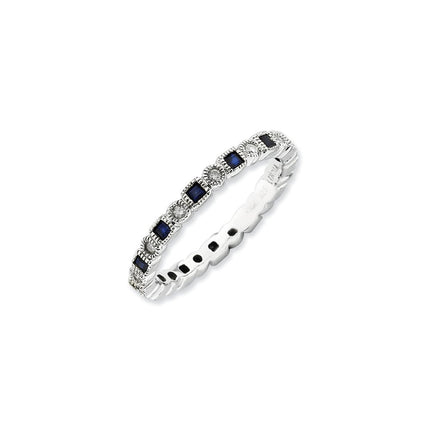 Sterling Silver Stack Exp Polished Created Sapphire & Diamond Ring | QSK636 ,