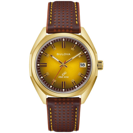 Bulova Men's Quartz Watch - Jet Star Butterscotch Sunburst Dial Brown Strap | 97B214 ,