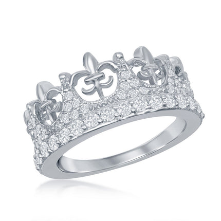 Sterling Silver Crown Fleur De Lis Style CZ Ring - W-8154 ,