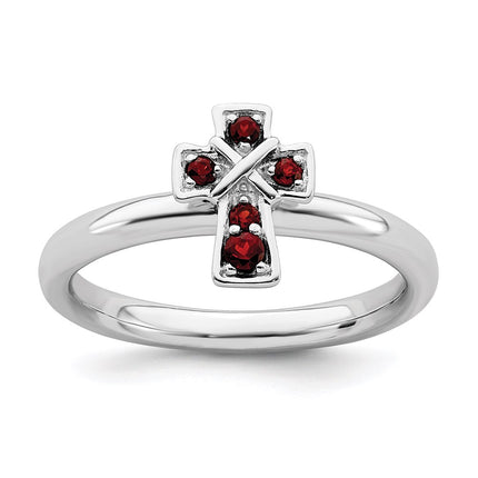 Sterling Silver Stackable Expressions Rhodium Garnet Cross Ring | QSK1630 ,