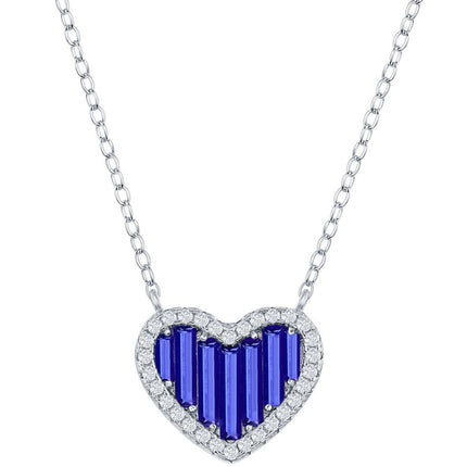 Classic Women's Necklace - Sterling Silver Blue Round and Baguette CZ Heart | M-6781 ,