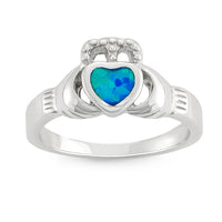 Sterling Silver CZ Crown with Opal Heart Claddagh Ring - W-9563 ,