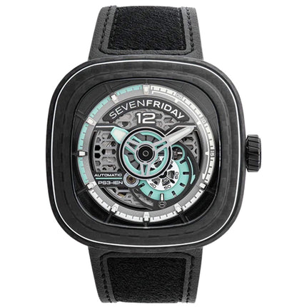 SevenFriday Men's Watch - P-Series Jade Carbon Semi-Skeleton Dial Strap | PS3-01 ,