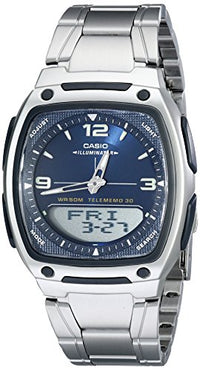 Casio Men's Classic Blue Dial Ana-Digi Illuminator Stainless Steel Bracelet Databank Watch | AW81D-2A ,