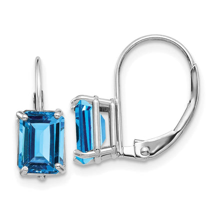 14k White Gold 7x5mm Emerald Cut Blue Topaz Earrings ,