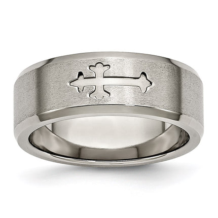 Titanium Cross Design 8mm Satin Beveled Edge Band | TB335 ,